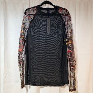 ROMWE Black Mesh Top with Embroidery